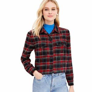 LOFT Plaid Bouclé Button Front Jacket Red Black Cream Textured Cropped Size M